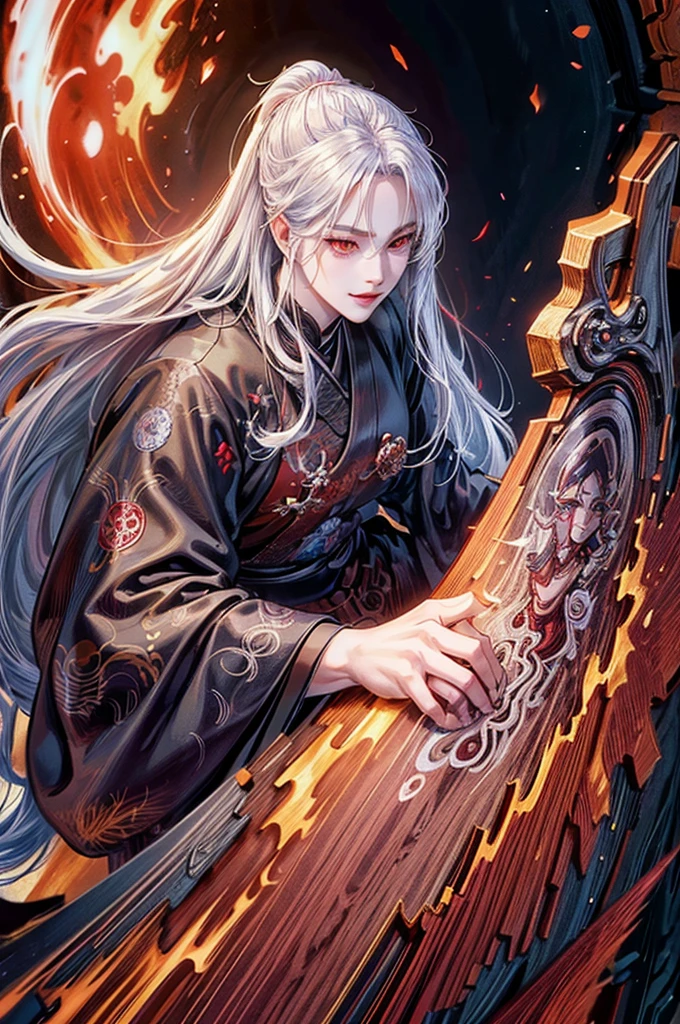 A samurai warrior with long white hair, woman,red demon eyes, smiling, original anime style, full body shot, detailed face, extremely detailed and intricate design, digital painting, hyper detailed, masterpiece, 8k, photorealistic, highly detailed, cinematic lighting, dramatic shadows, vibrant colors, dynamic pose, powerful presence