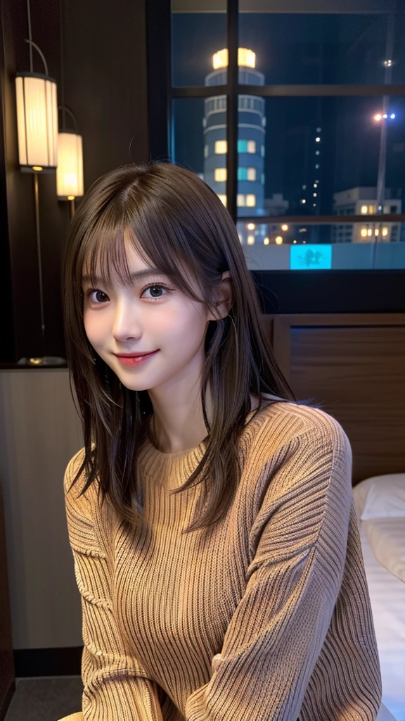 1 Japanese girl,(Bordeaux sweater:1.4), (RAW Photos, Highest quality), (Realistic, Photorealistic:1.4), Tabletop, Very delicate and beautiful, Very detailed, 8k wallpaper, wonderful, In detail, Very detailedCG Unity, High resolution, Soft Light, Beautiful and detailed 19 year old girl, Very detailed目と顔, Beautifully detailed nose, Beautiful attention to detail,Cinema Lighting,City lights at night,Perfect Anatomy,Slender body、Large Breasts、,smile (My hair is messy, Asymmetrical bangs, Light brown hair,)、Hotel room、Sitting on the bed