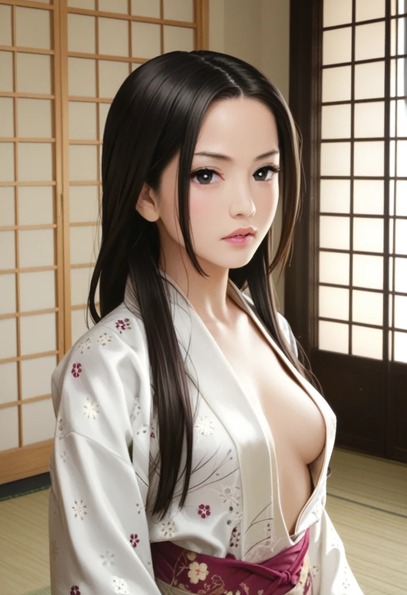 score_9_up, score_8_up, score_7_up, 1girl, solo, mature female, ((Mariko Toda)), long black hair, black eyes, pink lips, parted lips, fit slim body,((perfect medium  breast)), (((perfect kimono))), ((highly detailed dojo)), perfect model body, serious face, seductive pose