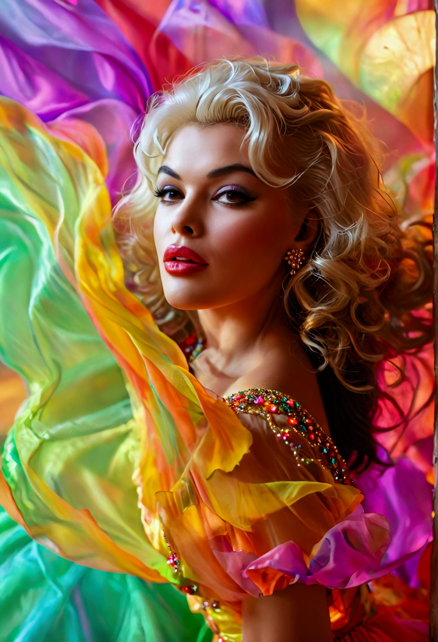 a beautiful woman (Jayne Mansfield, age 25, young and vibrant), dancing, (colorful sheer dress, flowing, spinning, no underwear), extremely revealing, well-lit stage, stunning performance, extremely detailed, high quality, 8k, photorealistic, vibrant colors, dramatic lighting, elegant movement, graceful poses, beautiful facial features, full body shot, prime lens, soft depth of field, professional photography (show her entire body, show her from head to toe)