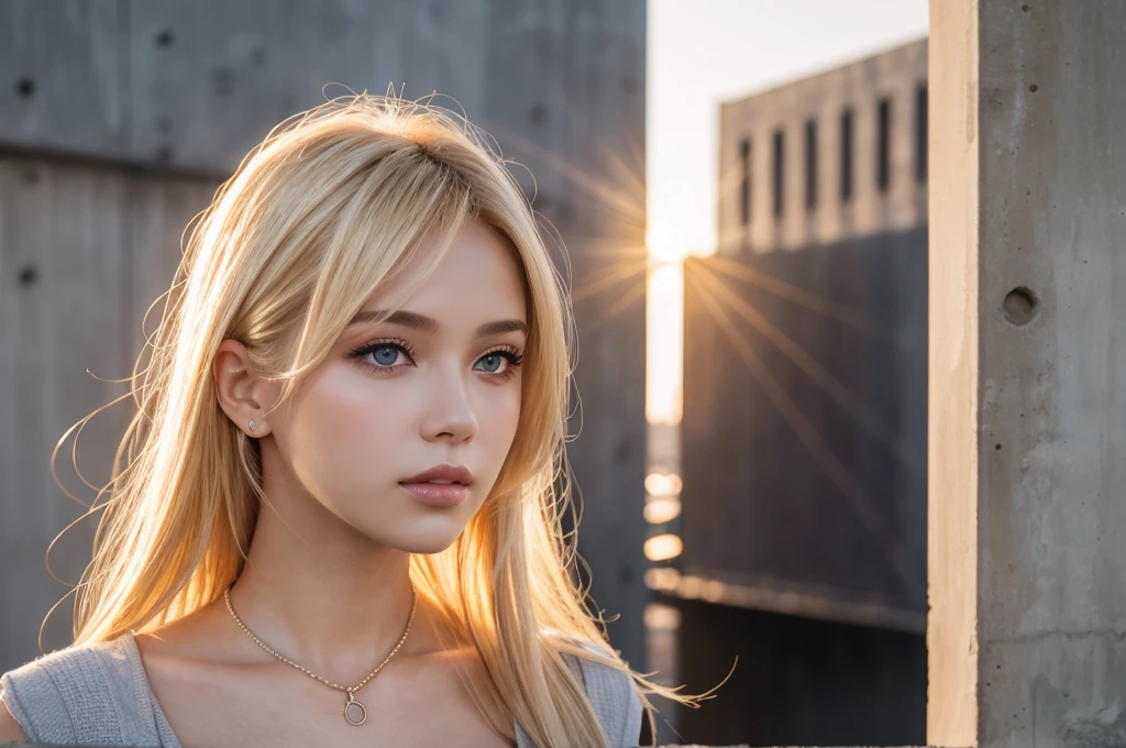 Close-up portrait, Sexy SS Blonde, parted lips, lips, Casual Dresses, View your viewers, Concrete wall background, Sunset Light, Realistic