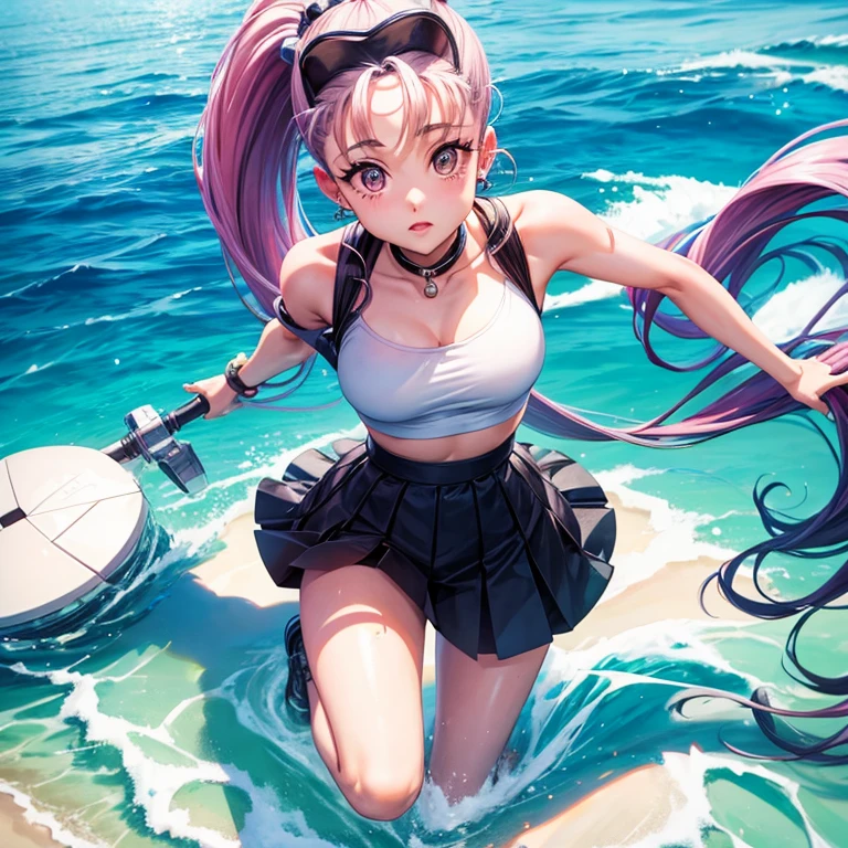Full body internet girl with ponytail. Ariana Grande's face. Bright white,Shows that she is a cybergirl holding a laser rifle. White eyebrows. Clothing such as a bodysuit. She also has a pair of bright blue eyes. The environment is like a terminator. The hair is platinum blonde. One side of her face is illuminated by bright blue. leaders like. Both hands also have LED lights.