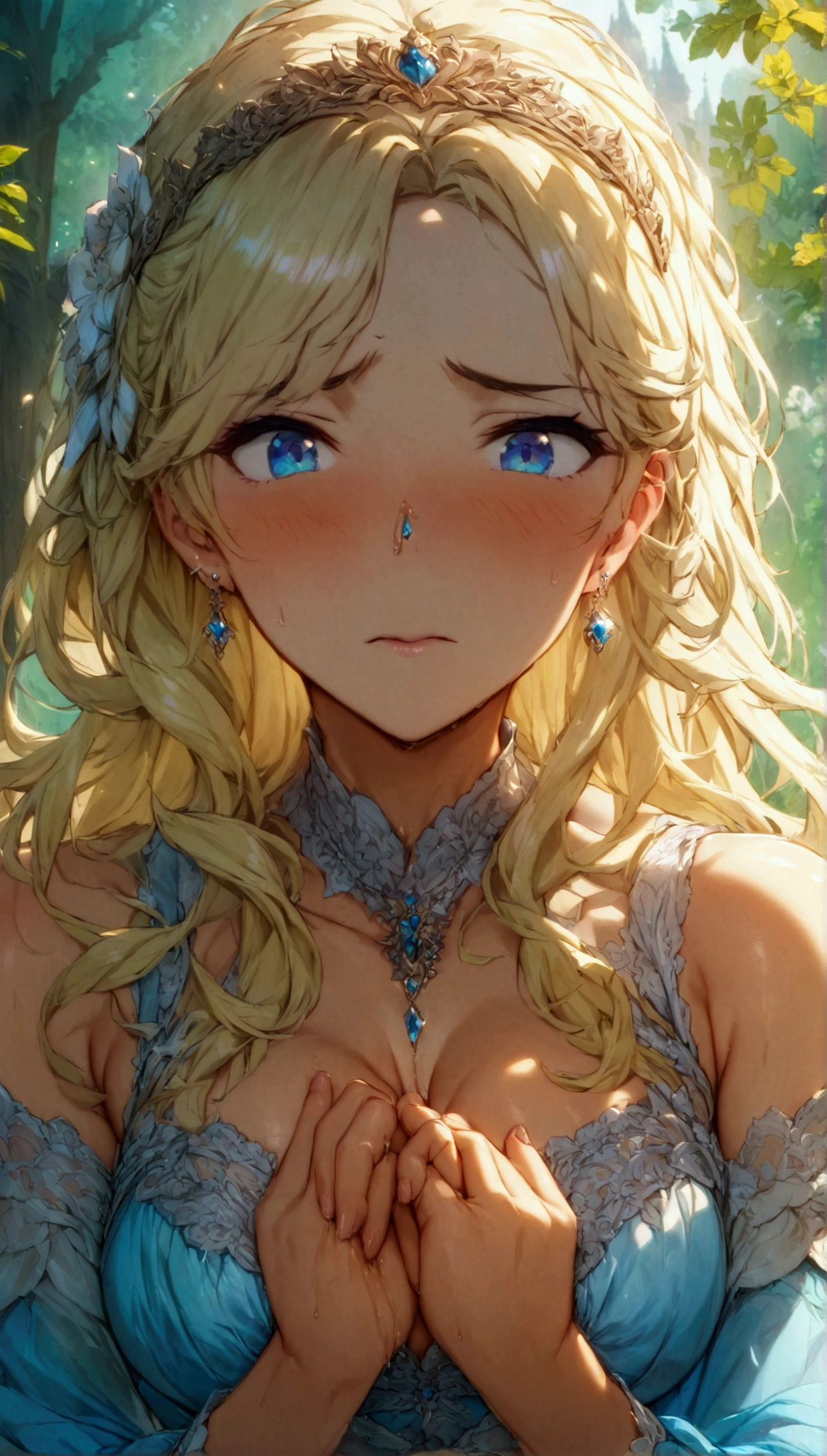 anime. 1 Girl. Cute girl. Princess. Disabled person. Blonde. Long hair. Wavy hair. Blue eyes. Beautiful eyes. Beautiful eyes. Expressive eyes. Ideal face. beautiful nose. 16 years. Medium breasts. Beautiful breasts. Urinary incontinence. Wants to pee. I need to pee. A strong, desperate urge to pee. Hands on crotch. He squeezes his crotch tightly. Rubs the crotch. She peed herself. Urine
flows down your thighs. Ideal anatomical body. Beautiful long legs. Diadem. Neat earrings. Pearl necklace. Luxurious white dress. Victorian style dress. White gloves. Heeled shoes. Wheelchair. Sits in a wheelchair. Full height.
The Royal Castle. Royal Garden. Beautiful character design. Shiny skin. Full body. NSFW. Official art. Extremely detailed CG Unity 8k wallpaper. Ideal lighting. Ultra high resolution 4K. Super detailed 8K resolution. A high resolution. Masterpiece. Best quality.