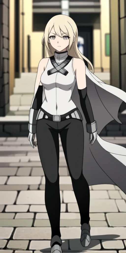 1girl, Wear armor, Sharp focus, offcial art, tall, athletic, silver hair, striking golden eyes, wears the standard Claymore uniform, a white sleeveless top, black pants, dark cloak, ((dajianTeresa)), full body
