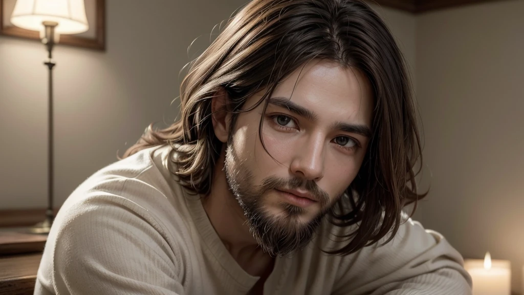 Title: "the love of Christ" Description: Create an image of Jesus Christ that captures the essence of His love and compassion. He must be portrayed with a serene and welcoming look, that conveys comfort and peace. Your facial expression should reflect understanding and kindness, as if looking directly at the viewer with unconditional love. The light must be soft, highlighting His face and the features that symbolize His goodness. The setting can be simple and serene, perhaps with a background that suggests a calm, spiritual environment. Elements to Include: Jesus Christ with dark brown hair and beard. Gentle and attentive look. Simple and traditional clothes. An aura of soft light around the figure, symbolizing his divinity. Feeling to convey: Convey a feeling of comfort, hope and divine love that Jesus Christ offers to all who seek Him.