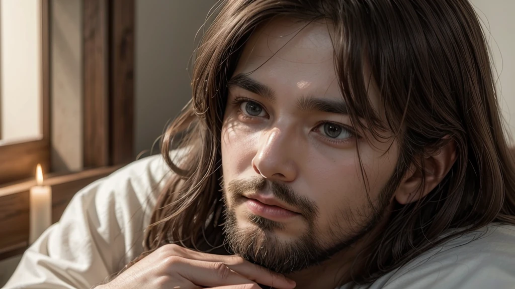 Title: "the love of Christ" Description: Create an image of Jesus Christ that captures the essence of His love and compassion. He must be portrayed with a serene and welcoming look, that conveys comfort and peace. Your facial expression should reflect understanding and kindness, as if looking directly at the viewer with unconditional love. The light must be soft, highlighting His face and the features that symbolize His goodness. The setting can be simple and serene, perhaps with a background that suggests a calm, spiritual environment. Elements to Include: Jesus Christ with dark brown hair and beard. Gentle and attentive look. Simple and traditional clothes. An aura of soft light around the figure, symbolizing his divinity. Feeling to convey: Convey a feeling of comfort, hope and divine love that Jesus Christ offers to all who seek Him.