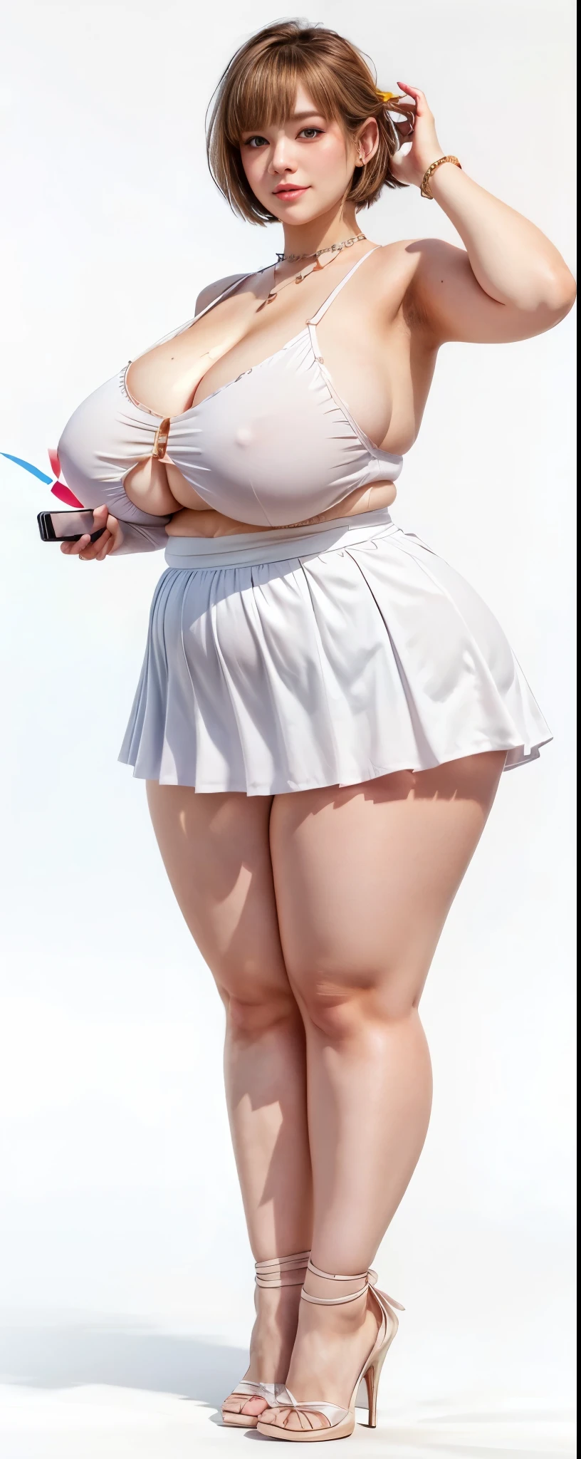 a woman in a skirt and top with a cell phone, , full body portrait of a short!, in dress, cel shaded!!!, she has a jiggly fat round belly, white skirt and barechest, clean cel shaded, heavy shading, thicc, extra detailed body, bottom body close up, cell shaded adult animation