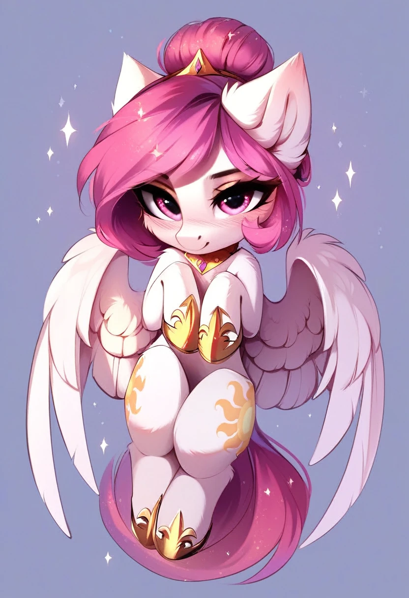 check_9, check_8_up, check_7_up, source_fluffy, rating_safe, from Magnaluna, Celestia poses seductively in a white bedroom, dark pink mane with gold stripes in it, hair bun with bangs, pink eyes, white body, anthro, blushing, wearing goldern lingerie, full body