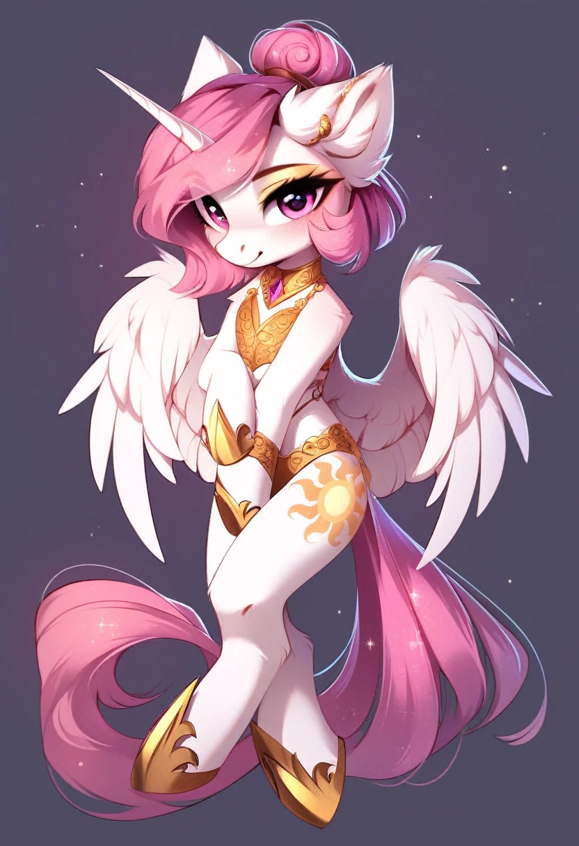 check_9, check_8_up, check_7_up, source_fluffy, rating_safe, from Magnaluna, Celestia poses seductively in a white bedroom, dark pink mane with gold stripes in it, hair bun with bangs, pink eyes, white body, anthro, blushing, wearing goldern lingerie, full body
