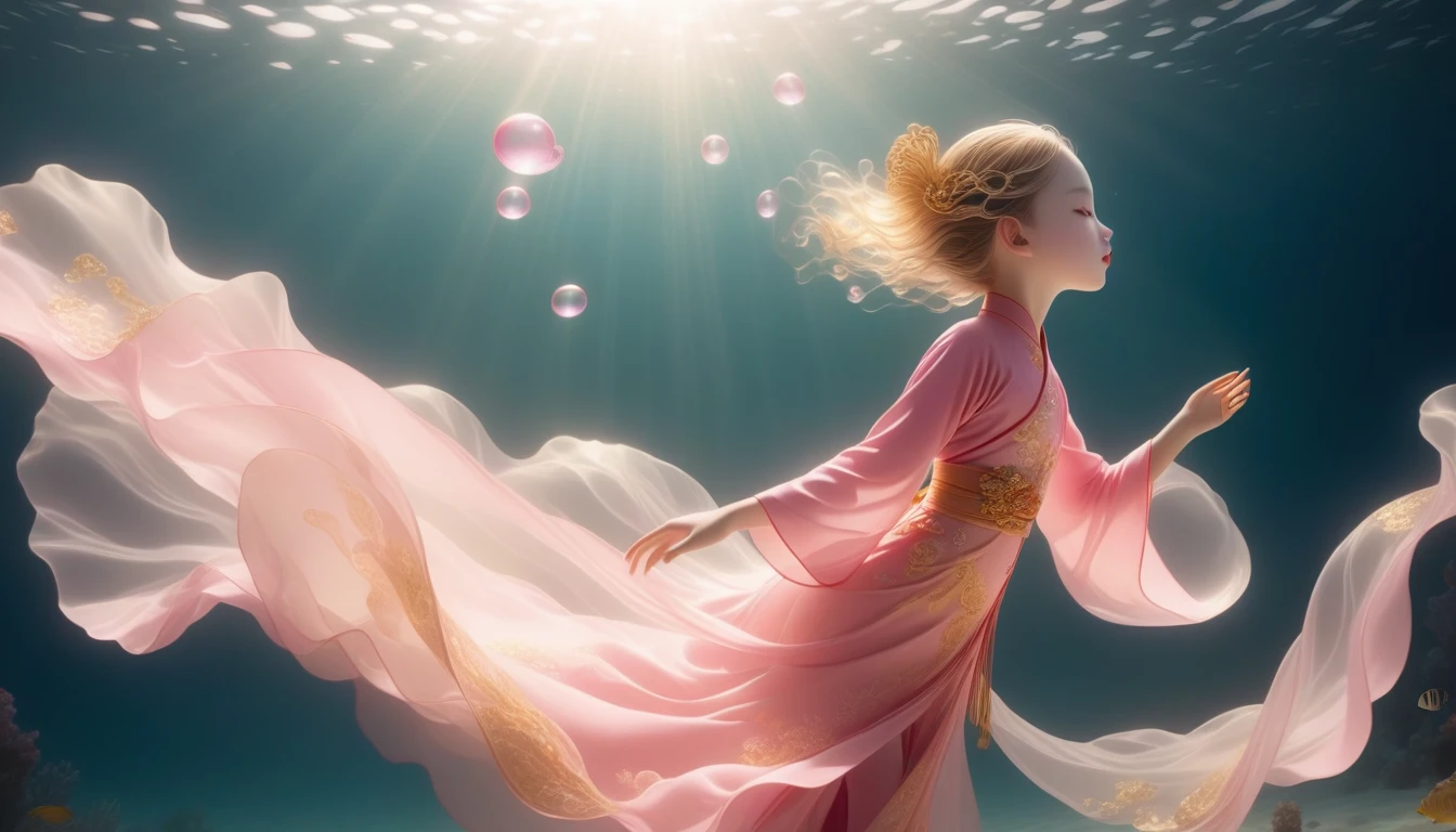 1. Little Girl, Solitary, Under the Deep Sea, walking underwater;Wearing pink Chinese clothing,Fairy the same,underwater dance;dancer;Golden water,金色的bubble; Deep Shadows, Extraordinary details, bubble, spark, Sun streaks, seabed, bright, whole body, swirl, Golden Light, Embed:Average runoff, masterpiece, high quality, 4K,More white space。