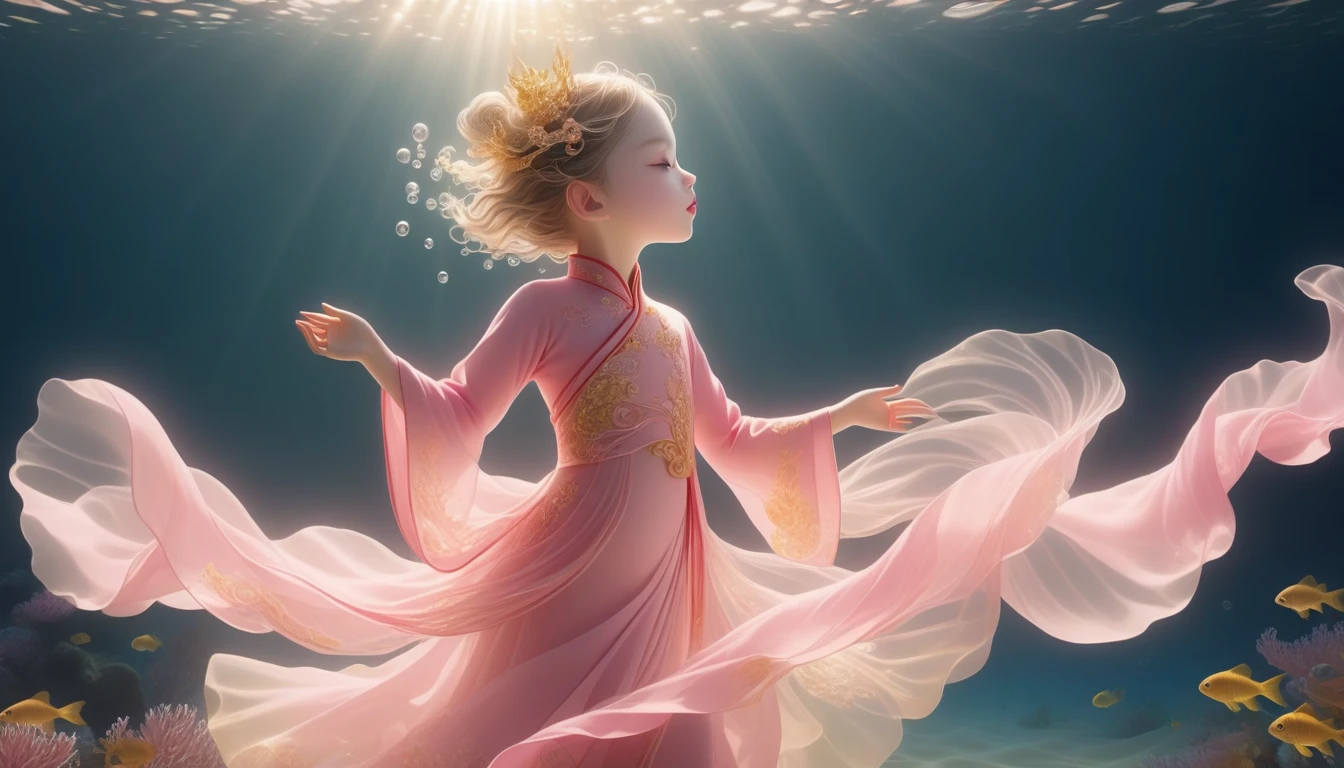 1. Little Girl, Solitary, Under the Deep Sea, walking underwater；Wearing pink Chinese clothing，Fairy the same，underwater dance；dancer；Golden water，金色的bubble； Deep Shadows, Extraordinary details, bubble, spark, Sun streaks, seabed, bright, whole body, swirl, Golden Light, Embed:Average runoff, masterpiece, high quality, 4K，More white space。