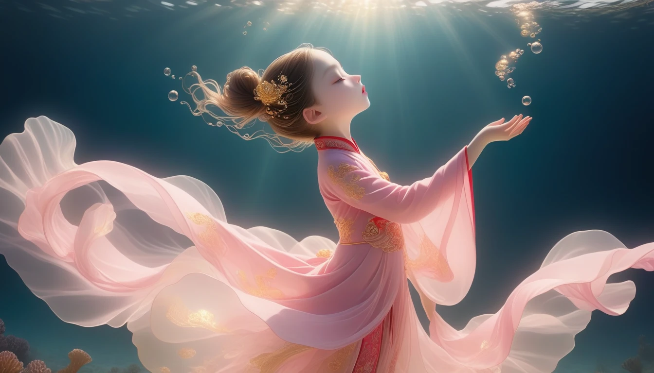 1. , Solitary, Under the Deep Sea, walking underwater;Wearing pink Chinese clothing,Fairy the same,underwater dance;dancer;Golden water,金色的bubble; Deep Shadows, Extraordinary details, bubble, spark, Sun streaks, seabed, bright, whole body, swirl, Golden Light, Embed:Average runoff, masterpiece, high quality, 4K,More white space。