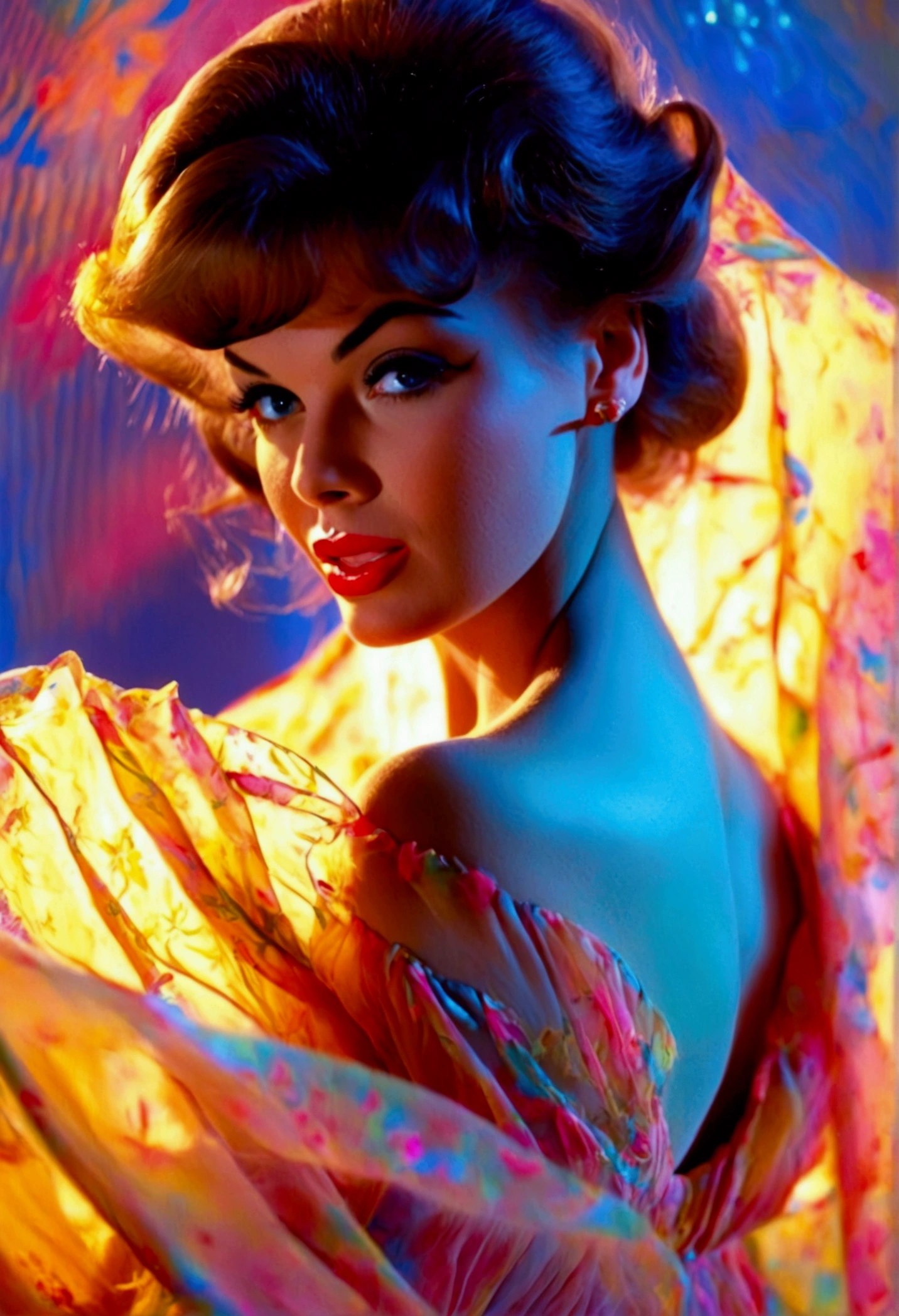 a beautiful woman (Jayne Mansfield, age 25, young and vibrant), dancing, (colorful sheer dress, flowing, spinning, no underwear), extremely revealing, well-lit stage, stunning performance, extremely detailed, high quality, 8k, photorealistic, vibrant colors, dramatic lighting, elegant movement, graceful poses, beautiful facial features, full body shot, prime lens, soft depth of field, professional photography (show her entire body, show her from head to toe)