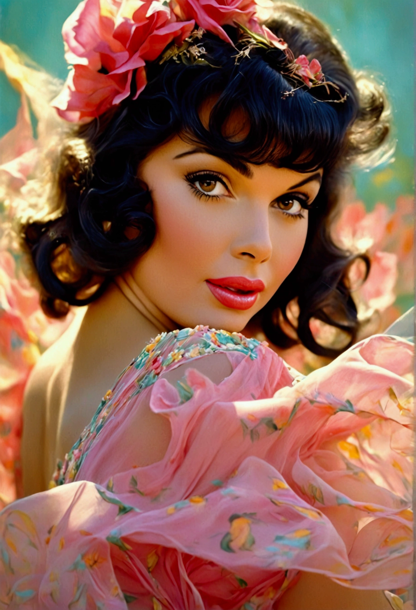a beautiful woman (Jayne Mansfield, age 25, young and vibrant), dancing, (colorful sheer dress, flowing, spinning, no underwear), extremely revealing, well-lit stage, stunning performance, extremely detailed, high quality, 8k, photorealistic, vibrant colors, dramatic lighting, elegant movement, graceful poses, beautiful facial features, full body shot, prime lens, soft depth of field, professional photography (show her entire body, show her from head to toe)