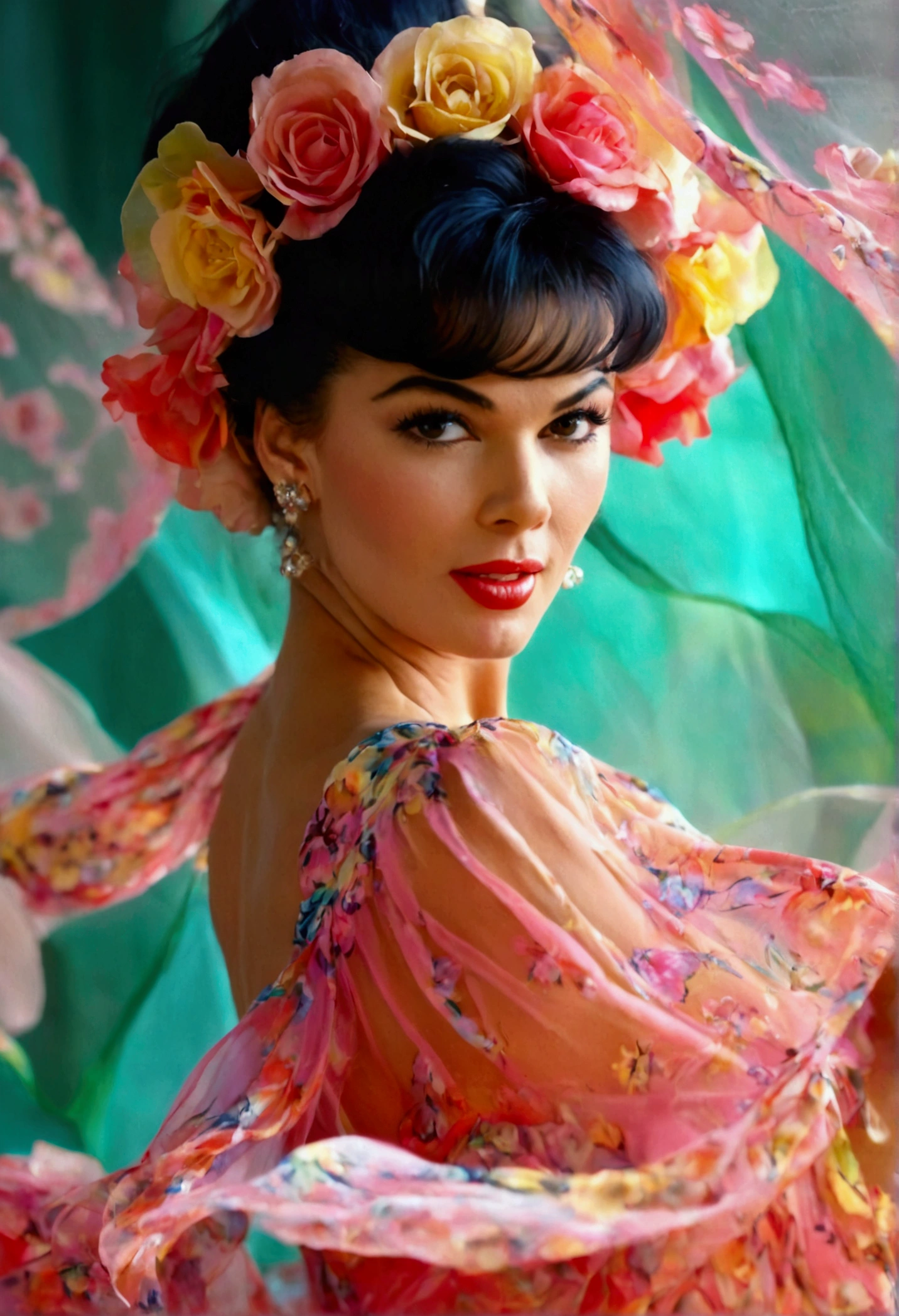a beautiful woman (Jayne Mansfield, age 25, young and vibrant), dancing, (colorful sheer dress, flowing, spinning, no underwear), extremely revealing, well-lit stage, stunning performance, extremely detailed, high quality, 8k, photorealistic, vibrant colors, dramatic lighting, elegant movement, graceful poses, beautiful facial features, full body shot, prime lens, soft depth of field, professional photography (show her entire body, show her from head to toe)
