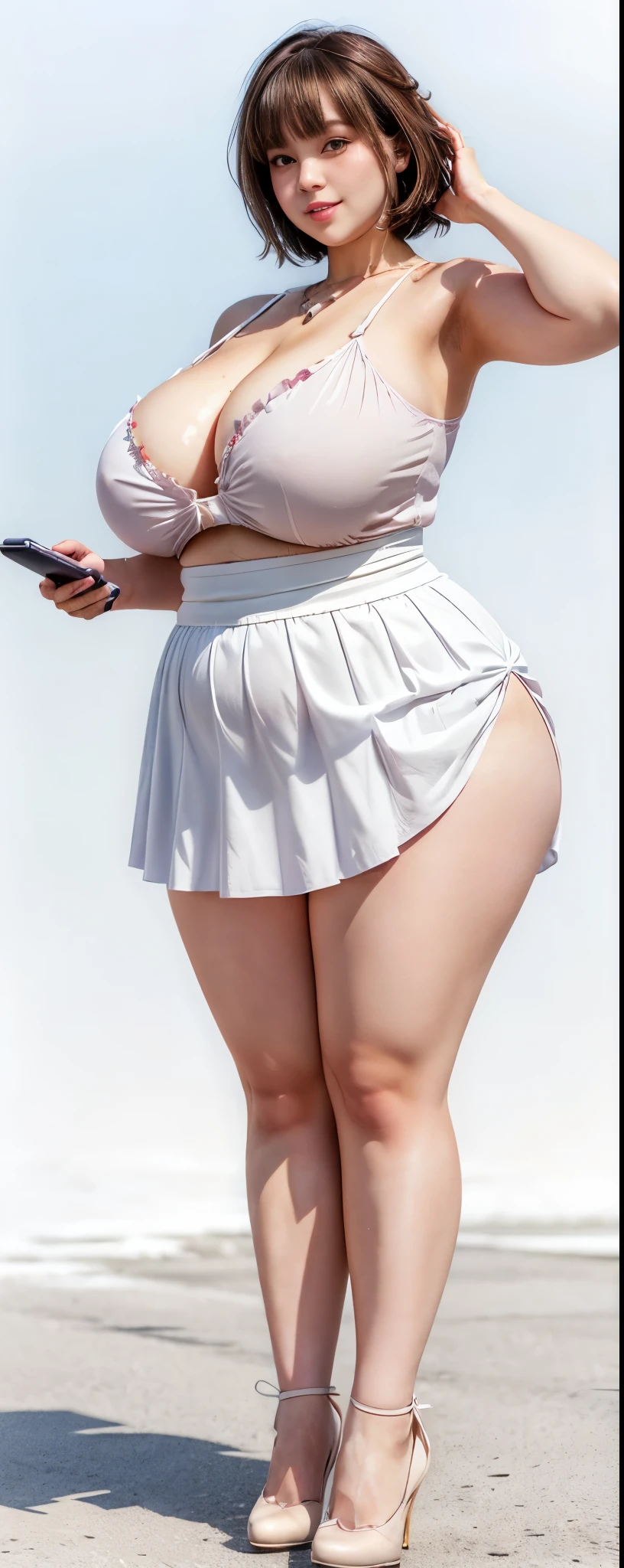 a woman in a skirt and top with a cell phone, , full body portrait of a short!,  in dress, cel shaded!!!, she has a jiggly fat round belly, white skirt and barechest, clean cel shaded, heavy shading, thicc, extra detailed body, bottom body close up, cell shaded adult animation