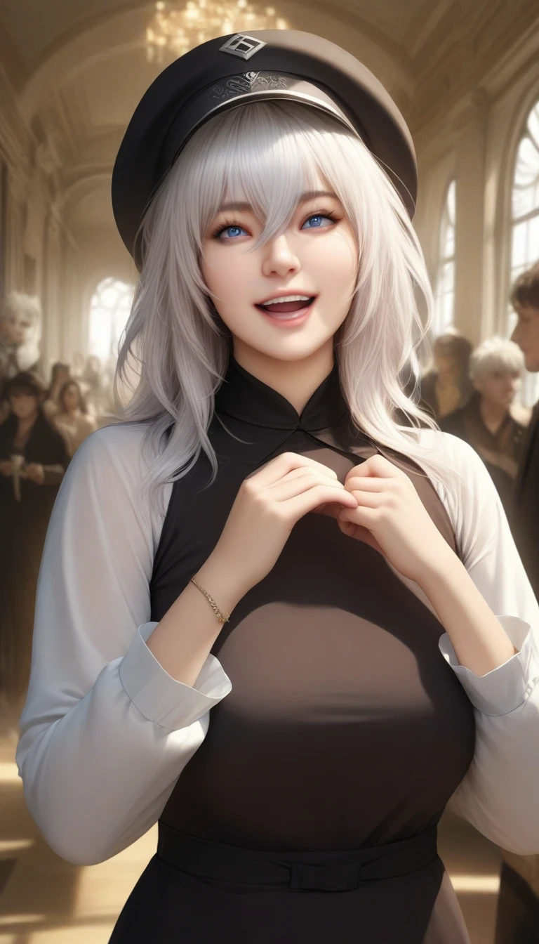 masterpiece, best quality, very aesthetic, absurdres, 1girl, mature_lady,animetoreal,realistic,photorealistic, smile,,1boy, charles-henri sanson \(fate\), fate/grand order, white hair, blue eyes, short hair, long sleeves, open mouth, long hair, holding, hair between eyes, hat, shirt,Palladian - Inspired by the works of Andrea Palladio, known for symmetry and use of columns.,floating_clothes