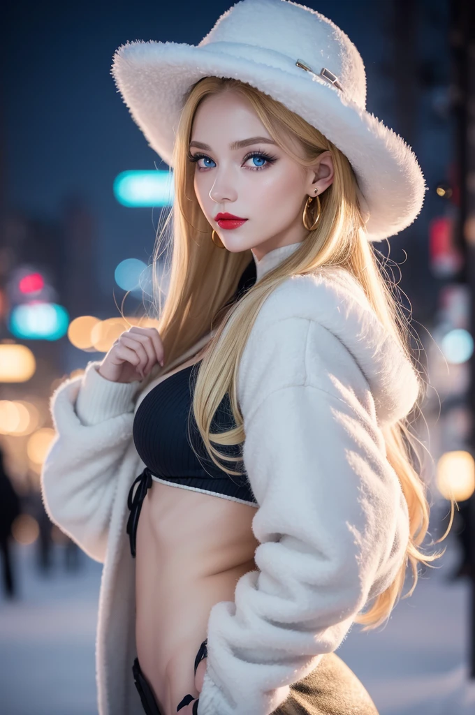 1 girl, (blue colored eyes), (happy :1.2), (beautiful makeup :1.1), (Sana Minatozaki), Broad Hips, big fit ass , bunda big fit ass, (best qualityer, 8K, work of art: 1.3), Focus Clear: 1.2, Perfect Body Beauty: 1.4, Strong abdomen :1.2, Highly detailed texture of face and skin, detailedeyes, Double eyelids, Red lips, (long blonde hair), close do rosto :1.3, furry jacket :1.1, long sweater, 比基尼, golden earrings, winter hat, standing, portraite, in the Shibuya neighborhood, in Japan, at night, snow night, snow on the ground
