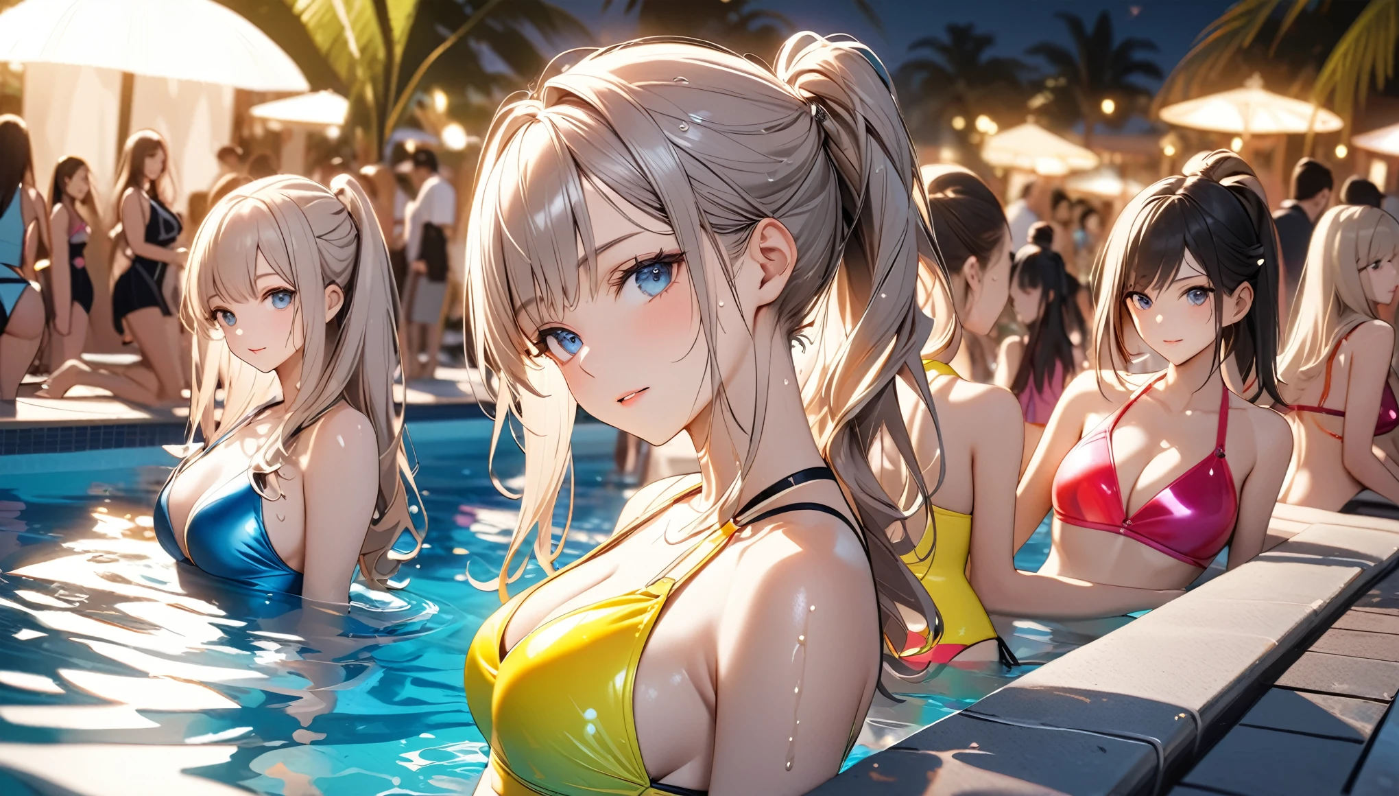 Commemorative photo of the three friends, Sexy bikini swimwear, Three beautiful women playing together, A luxurious pool party venue crowded with many people, 
BREAK Professional spray work, Detailed and intricate texture, Detailed and intricate brushwork, Detailed and clear depiction, Anatomically correct, Absurd aesthetics, 
BREAK Detailed and attractive skin texture, A wet body emphasizes the sexiness of an adult., 
BREAK Clear and captivating eyes, Seductive gaze, (Glossy feel), Brightly colored swimsuits, 
BREAK Aesthetic resort pool background that makes your subject stand out, A crowded resort pool, dramatic cinematographic lighting, 
Dynamic shot, (eye level shot), Bold and sexy footage shot by professional photographers, 
BREAK Highest quality, Highest Resolution, Optimized Octane Rendering, super retina vision, 