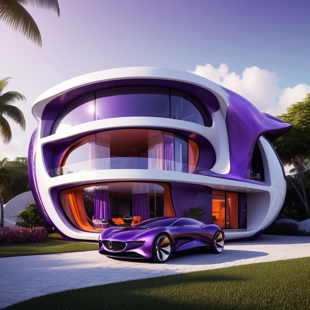 a futuristic house with a car parked in front of it, cgsocietywlop, beautiful curves, purple and orange drapes, intricate devilish designs, qualia, interesting shapes & form, wow factor, elaborate polished, architectural rendering, miami, futuristic battlefield, inspired by James E. Brewton, precise architectural rendering