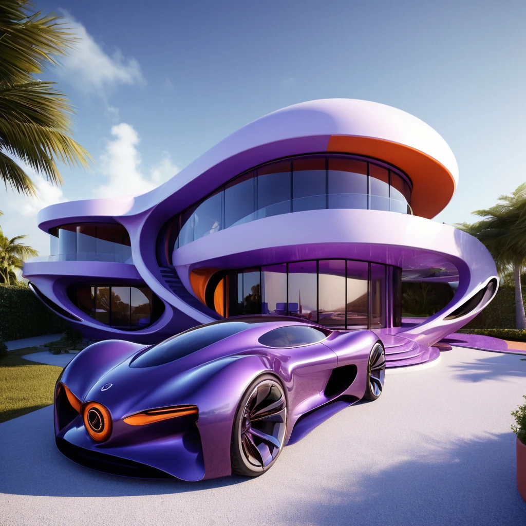 a futuristic house with a car parked in front of it, cgsocietywlop, beautiful curves, purple and orange drapes, intricate devilish designs, qualia, interesting shapes & form, wow factor, elaborate polished, architectural rendering, miami, futuristic battlefield, inspired by James E. Brewton, precise architectural rendering