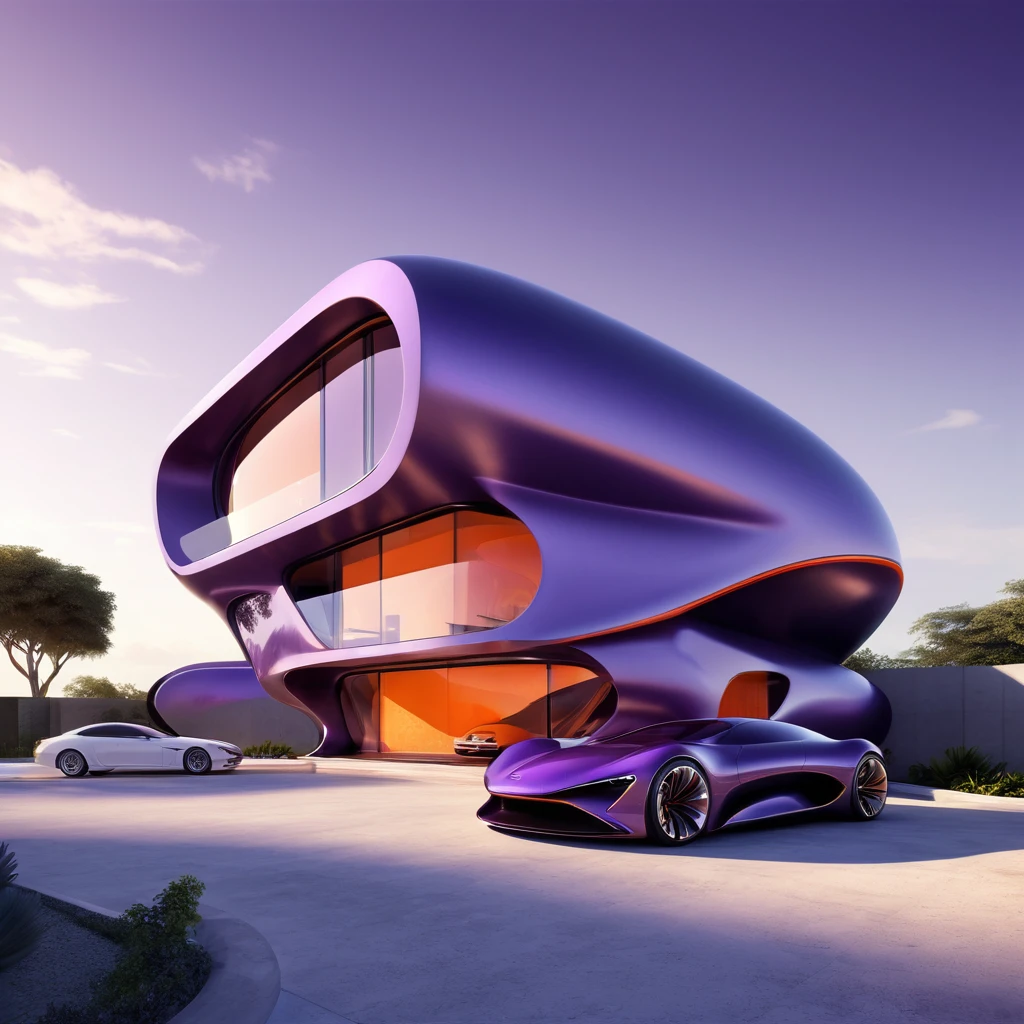 a futuristic house with a car parked in front of it, cgsocietywlop, beautiful curves, purple and orange drapes, intricate devilish designs, qualia, interesting shapes & form, wow factor, elaborate polished, architectural rendering, miami, futuristic battlefield, inspired by James E. Brewton, precise architectural rendering