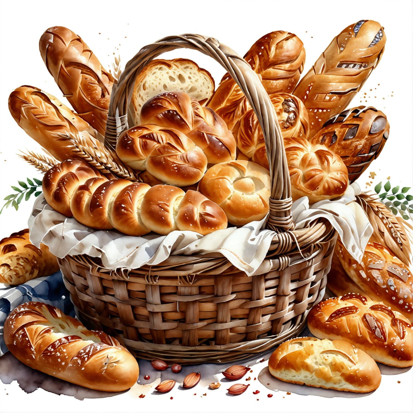 a wooden rattan basket ful of bakery, many type full of bread, cake, illustration, baking ingredients, isolated with solid white background, surrounded with negative space, centered composition, 8k, highest detailed painting, very precise painting, Isolated, clear solid white background, perspective angle of view, cartoon style, ((watercolor:1)), clip art, (lora:add-detail-xl:1), (masterpiece), (best quality),