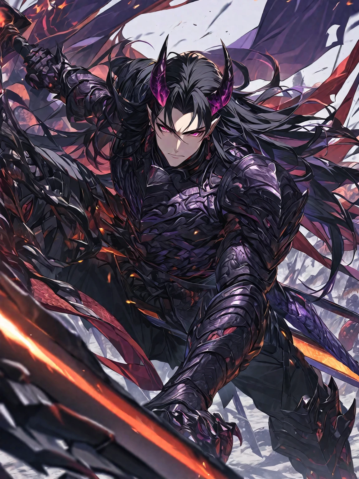 One, handsome, 1 man, with a sporty body, V-shaped body, black detailed armor with glowing purple details, black demonic horns, long hair, black hair, purple with red tones of reptile eyes, purple threads, In combat position, a man has a big and long sword in his hand, Against the background of war