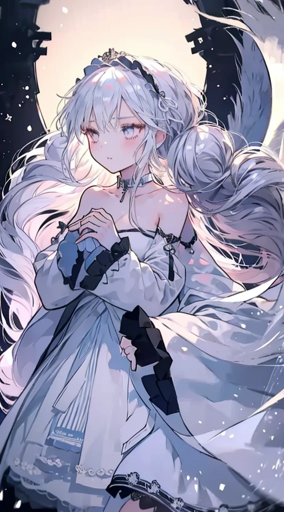 (masterpiece, best quality:1.2),1 girl, Upper body,Tail, large Tail, white hair, very long hair, curls, gray eyes, deTailed eyes, colorful hair, ring, bead necklace, animal ears, leopard ears, black cloak, white dress, Hip vents, pelvic curtain, gray stockings, Snowing, Snowing mountains, snowstorm, Volumetric lighting, subsurface scattering, light, chiaroscuro, Floating hair, Put your hands on your chest