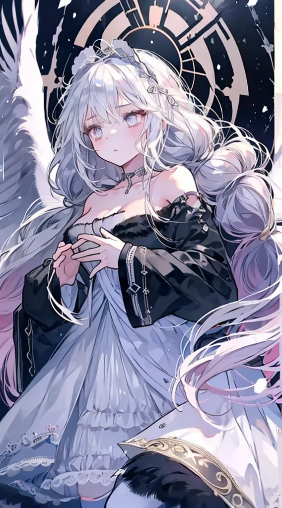 (masterpiece, best quality:1.2),1 girl, Upper body,Tail, large Tail, white hair, very long hair, curls, gray eyes, deTailed eyes, colorful hair, ring, bead necklace, animal ears, leopard ears, black cloak, white dress, Hip vents, pelvic curtain, gray stockings, Snowing, Snowing mountains, snowstorm, Volumetric lighting, subsurface scattering, light, chiaroscuro, Floating hair, Put your hands on your chest