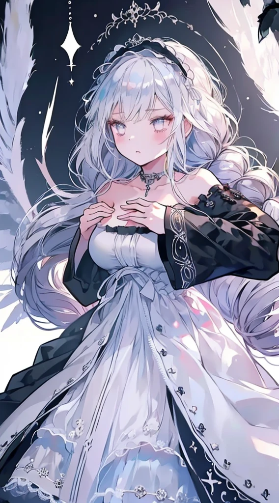 (masterpiece, best quality:1.2),1 girl, Upper body,Tail, large Tail, white hair, very long hair, curls, gray eyes, deTailed eyes, colorful hair, ring, bead necklace, animal ears, leopard ears, black cloak, white dress, Hip vents, pelvic curtain, gray stockings, Snowing, Snowing mountains, snowstorm, Volumetric lighting, subsurface scattering, light, chiaroscuro, Floating hair, Put your hands on your chest