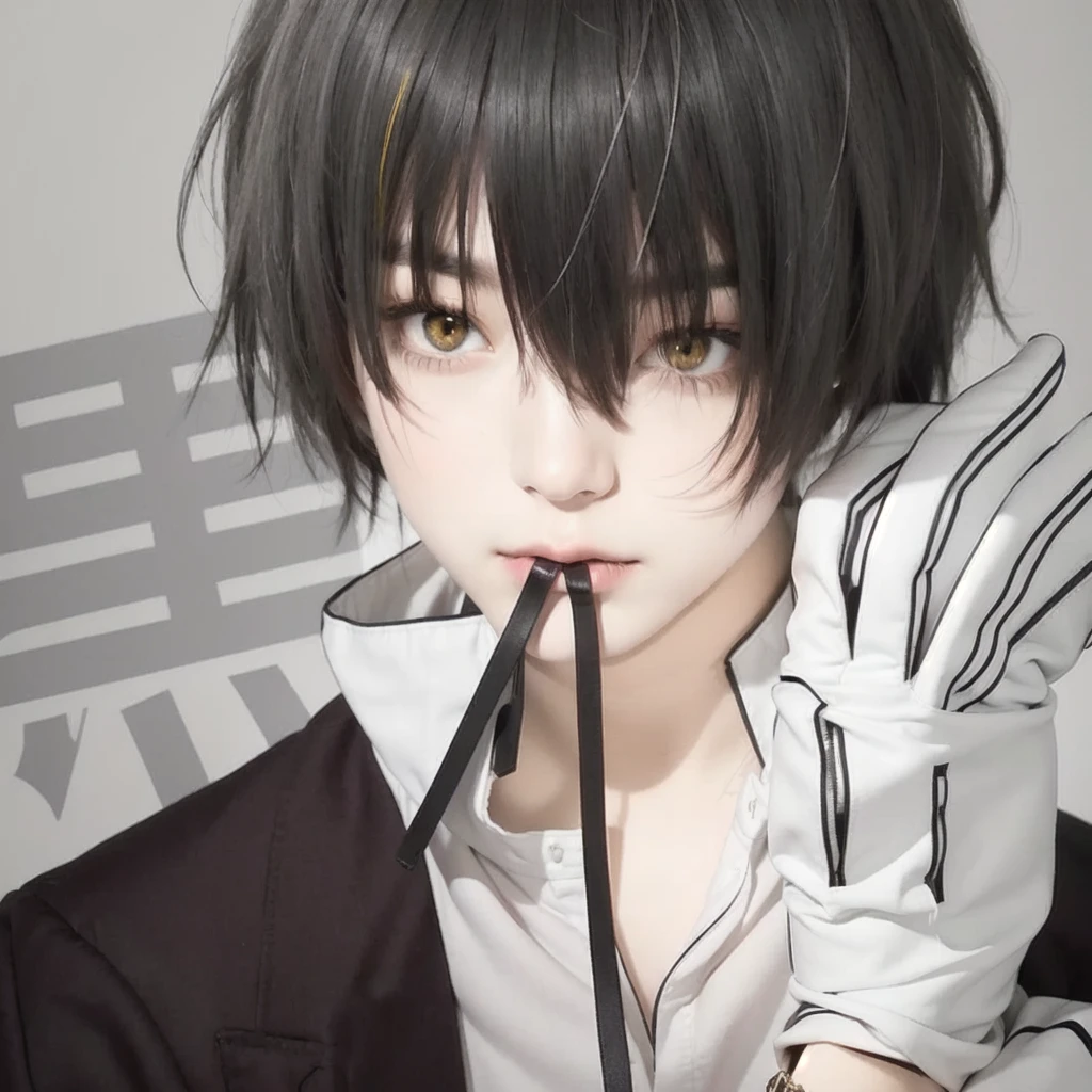 boy with black hair and yellow eyes wearing a white shirt, realistic