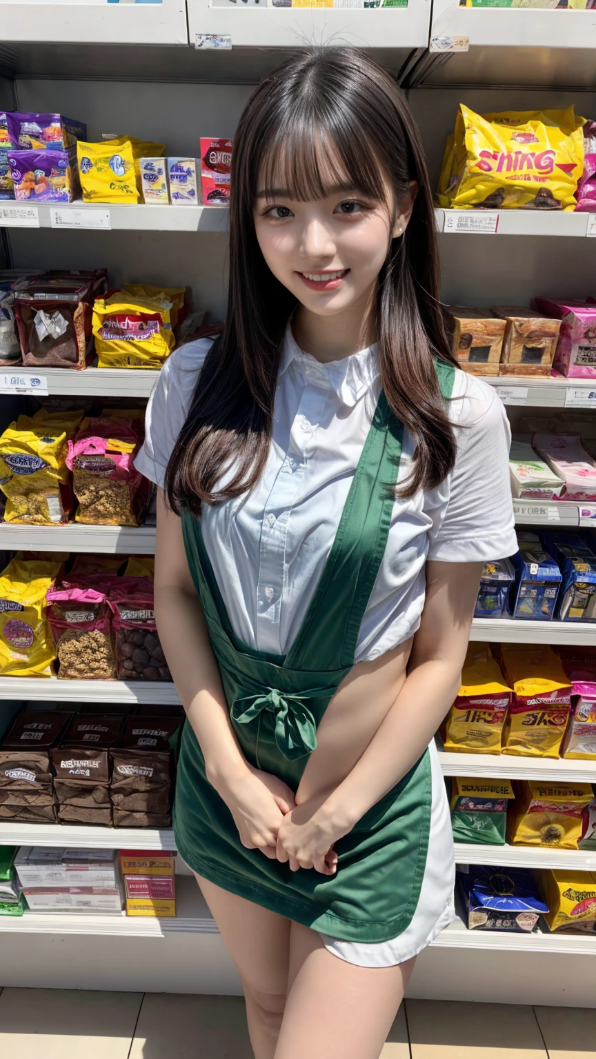 (highest quality、table top、8K、best image quality、Award-winning work)、a woman working at a convenience store、(The most natural and perfect green plain simple apron:1.2)、classy shirt、(big breasts:1.1)、Colossal tits, (emphasize body line:1.1)、(standing elegantly:1.1)、beautiful woman portrait、The most natural and perfectly organized convenience store、Convenience store shelves in the background、Perfectly organized shelves、Regularly arranged natural product shelves、(very bright and vivid:1.2)、Strongly blurred background、look at me and smile、(accurate anatomy:1.1)、Super high resolution perfect beautiful teeth、Ultra high definition beauty face、ultra high definition hair、Super high-definition sparkling eyes、(Shining beautiful skin with ultra-high resolution:1.3)、(Shining beautiful skin:1.2)、Super high resolution glossy lips