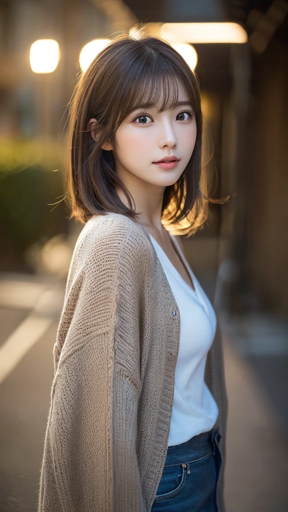 (Highest quality,masterpiece:1.3,Ultra-high resolution,),(Very detailedな,Caustics),(Photorealistic:1.4,RAW shooting,)Ultra-Realistic Capture,Very detailed,High resolution 16K for human skin、 Natural skin texture、、Skin tone is even and healthy looking、 Use natural light and color,One Woman,Japanese,,cute,Brown Hair,Mid-length hair,(Written boundary depth、chromatic aberration、、Wide range of lighting、Natural Shading、)、(Outdoor lighting at night:1.4)、(Hair swaying in the wind:1)、short hair