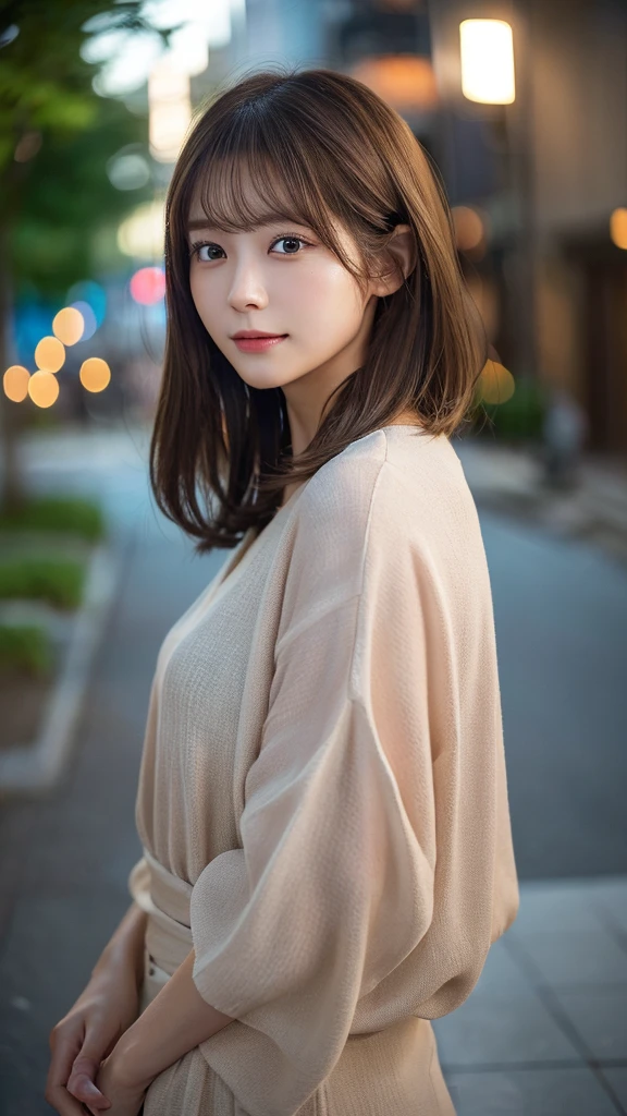 (Highest quality,masterpiece:1.3,Ultra-high resolution,),(Very detailedな,Caustics),(Photorealistic:1.4,RAW shooting,)Ultra-Realistic Capture,Very detailed,High resolution 16K for human skin、 Natural skin texture、、Skin tone is even and healthy looking、 Use natural light and color,One Woman,Japanese,,cute,Brown Hair,Mid-length hair,(Written boundary depth、chromatic aberration、、Wide range of lighting、Natural Shading、)、(Outdoor lighting at night:1.4)、(Hair swaying in the wind:1)、short hair