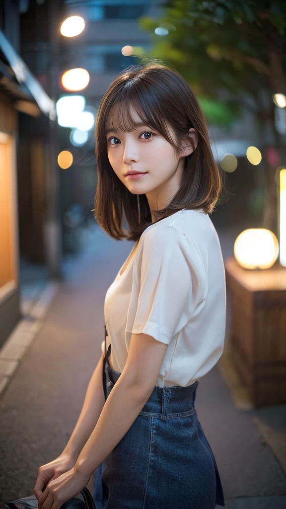 (Highest quality,masterpiece:1.3,Ultra-high resolution,),(Very detailedな,Caustics),(Photorealistic:1.4,RAW shooting,)Ultra-Realistic Capture,Very detailed,High resolution 16K for human skin、 Natural skin texture、、Skin tone is even and healthy looking、 Use natural light and color,One Woman,Japanese,,cute,Brown Hair,Mid-length hair,(Written boundary depth、chromatic aberration、、Wide range of lighting、Natural Shading、)、(Outdoor lighting at night:1.4)、(Hair swaying in the wind:1)、short hair