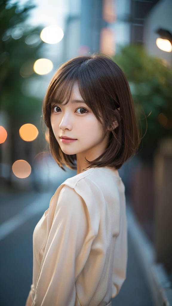(Highest quality,masterpiece:1.3,Ultra-high resolution,),(Very detailedな,Caustics),(Photorealistic:1.4,RAW shooting,)Ultra-Realistic Capture,Very detailed,High resolution 16K for human skin、 Natural skin texture、、Skin tone is even and healthy looking、 Use natural light and color,One Woman,Japanese,,cute,Brown Hair,Mid-length hair,(Written boundary depth、chromatic aberration、、Wide range of lighting、Natural Shading、)、(Outdoor lighting at night:1.4)、(Hair swaying in the wind:1)、short hair