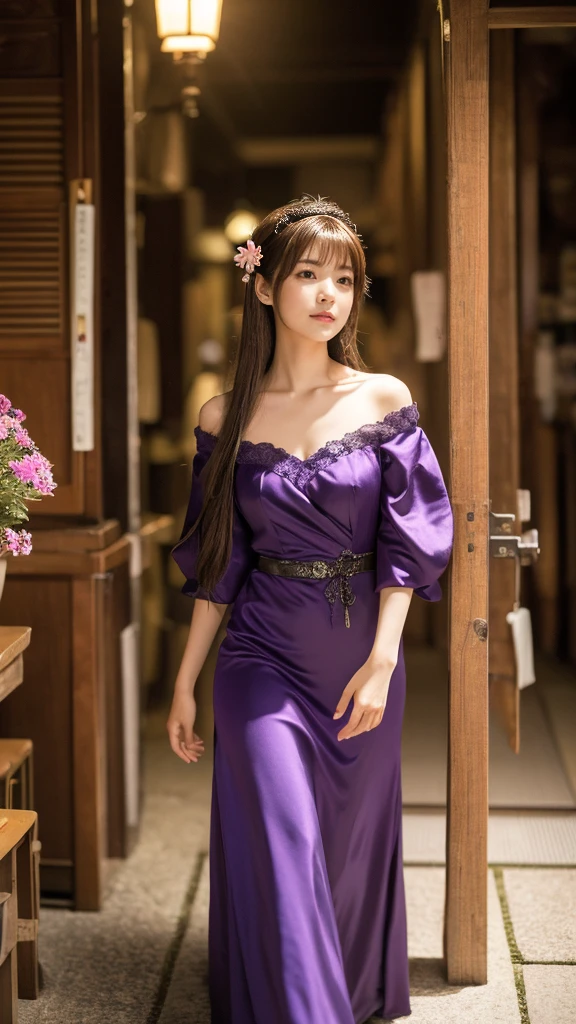 Full body, very very long hair brown rapunzel, cosplay Anime girl in a purple and black dress with a purple sakura flower in her hair, artwork in the style of Gweitz, Gweitz, japanese Girl, Trending on cgstation, Cute anime in a nice dress, Gweitz on pixiv artstation, palace , Girl in Hanfu, Beautiful digital art, Gweitz on artstation pixiv, very very long brown hair rapunzel, dancing, walking, background japan city, excited
