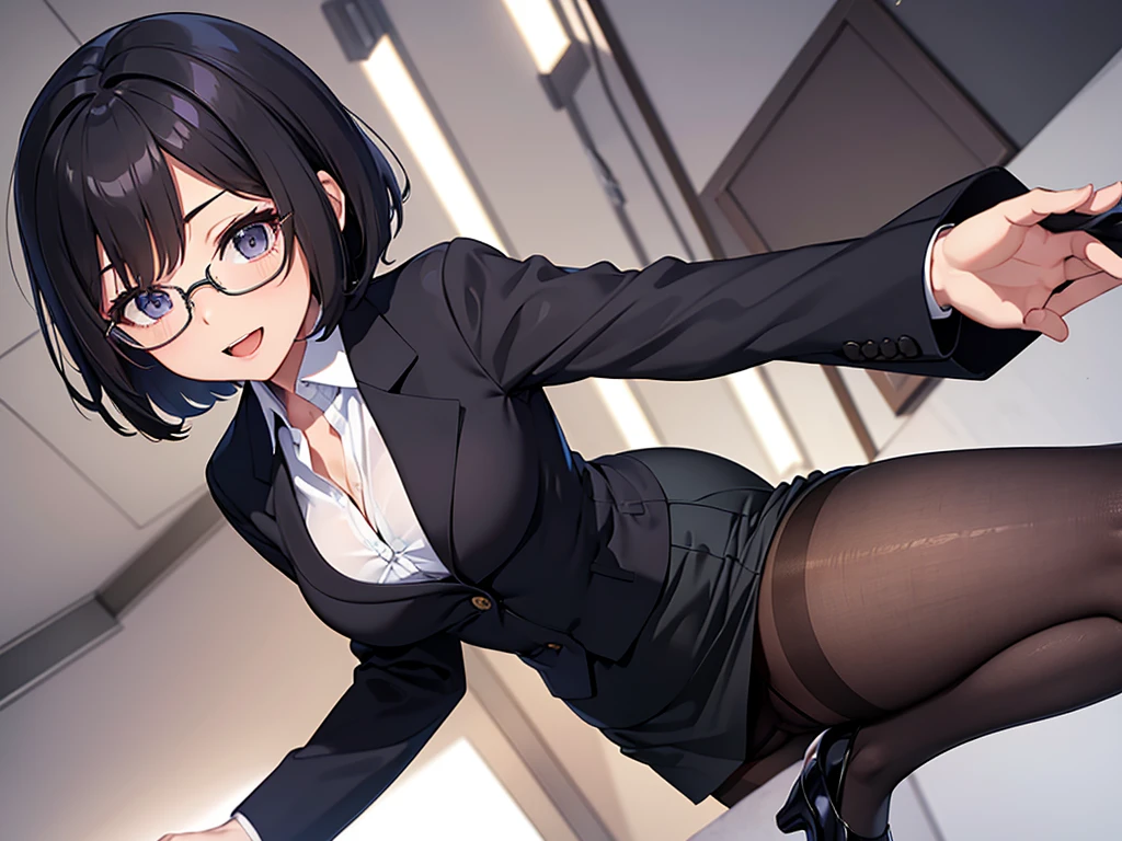 masterpiece, best quality, high definition images, atmospheric perspective, expressive eyes, perfect face, ultra detailed, solo, 1mature seductive woman showing panties on purpose, kind smile, pinup, sexy pose, alluring pose, female teacher, black short bob hair, simple glasses, business suit, jacket, blouse, pencil skirt, tight mini skirt, lifting skirt, open legs, black panties, curvy, thighs, pantyhose, high heals, open mouth, from below, in study room,