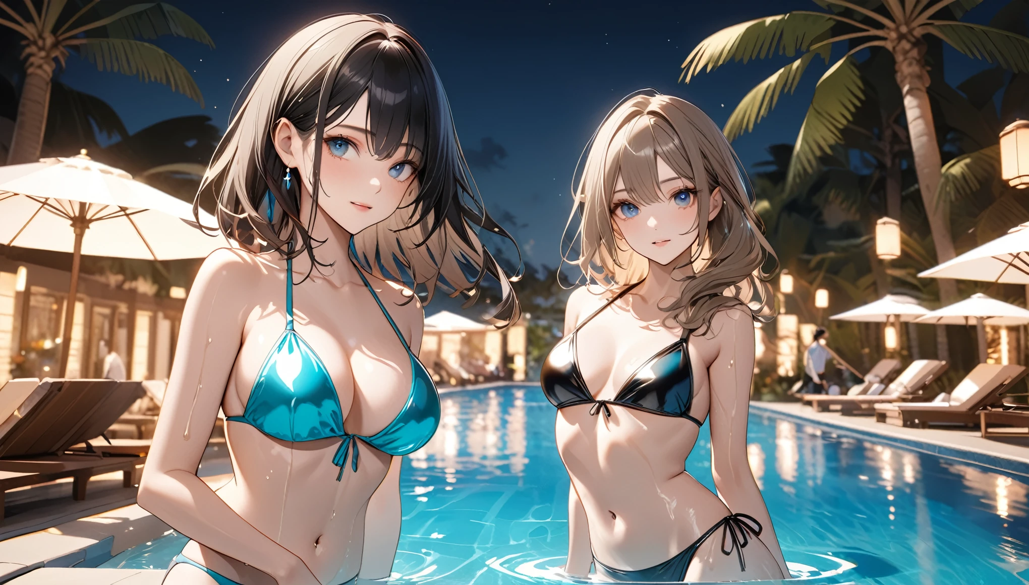 Commemorative photo of the three friends, Sexy bikini swimwear, Three beautiful women playing together, A luxurious pool party venue crowded with many people, 
BREAK Professional spray work, Detailed and intricate texture, Detailed and intricate brushwork, Detailed and clear depiction, Anatomically correct, Absurd aesthetics, 
BREAK Detailed and attractive skin texture, A wet body emphasizes the sexiness of an adult., 
BREAK Clear and captivating eyes, Seductive gaze, (Glossy feel), Brightly colored swimsuits, 
BREAK Aesthetic resort pool background that makes your subject stand out, A crowded resort pool, dramatic cinematographic lighting, 
Dynamic shot, (eye level shot), Bold and sexy footage shot by professional photographers, 
BREAK Highest quality, Highest Resolution, Optimized Octane Rendering, super retina vision, 