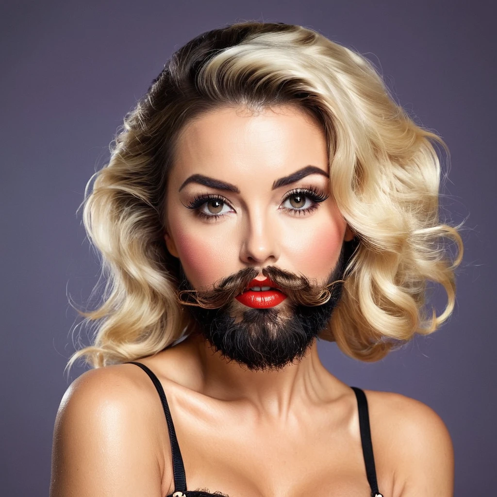 hairy bearded lady brune beard, blonde hair, hairy chest, style pin up