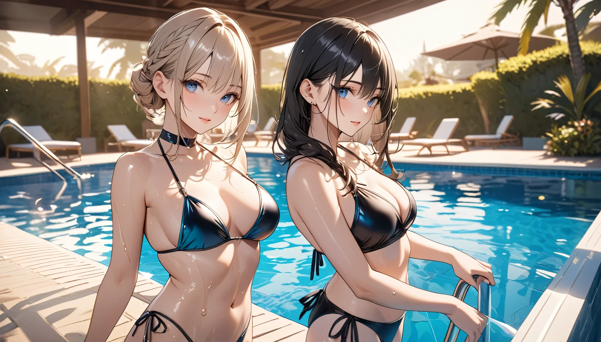 Commemorative photo of the three friends, Sexy bikini swimwear, Three beautiful women playing together, A luxurious pool party venue crowded with many people, 
BREAK Professional spray work, Detailed and intricate texture, Detailed and intricate brushwork, Detailed and clear depiction, Anatomically correct, Absurd aesthetics, 
BREAK Detailed and attractive skin texture, A wet body emphasizes the sexiness of an adult., 
BREAK Clear and captivating eyes, Seductive gaze, (Glossy feel), Brightly colored swimsuits, 
BREAK Aesthetic resort pool background that makes your subject stand out, A crowded resort pool, dramatic cinematographic lighting, 
Dynamic shot, (eye level shot), Bold and sexy footage shot by professional photographers, 
BREAK Highest quality, Highest Resolution, Optimized Octane Rendering, super retina vision, 