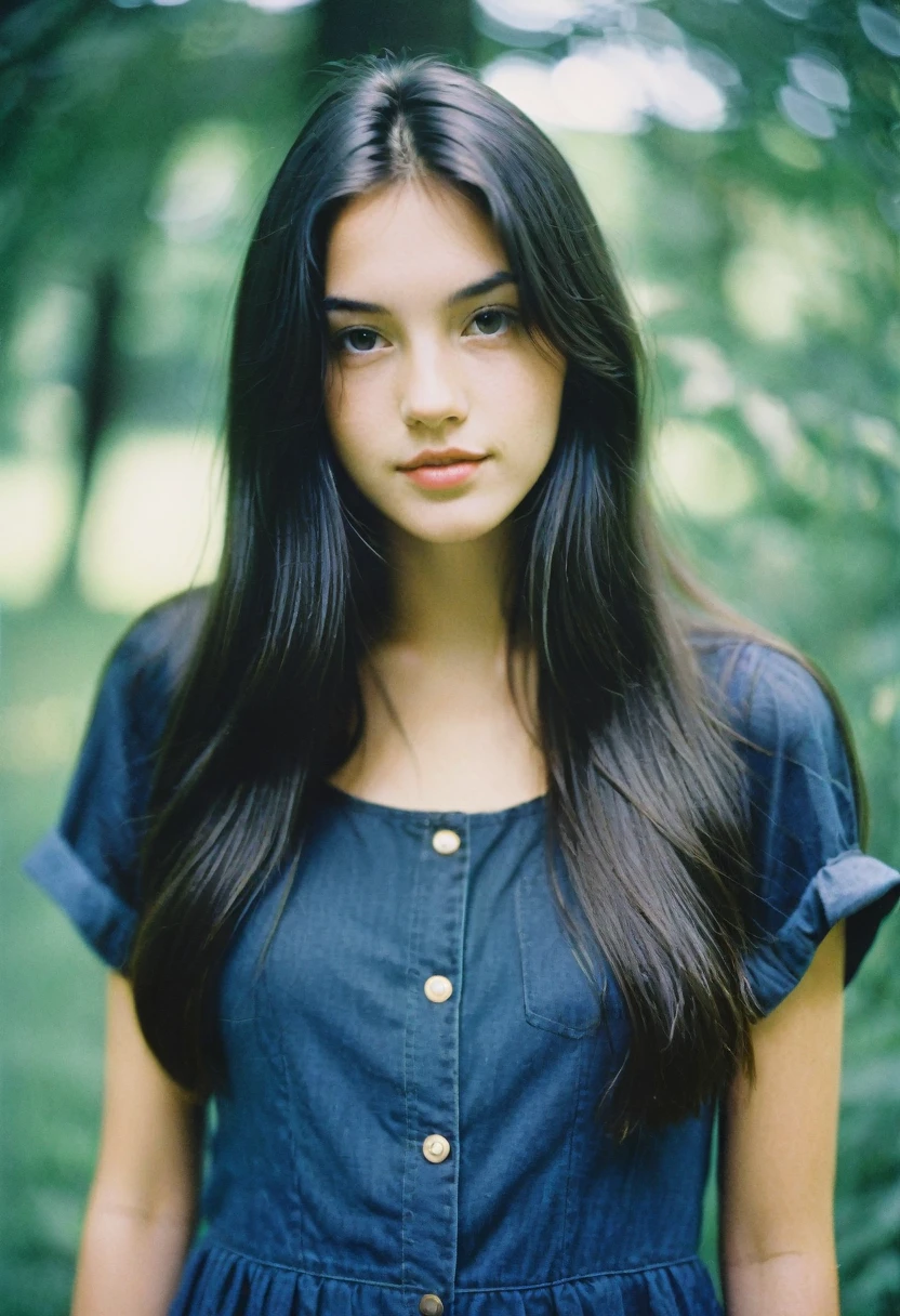 analog film photo of a young woman with long dark hair, wearing a girl&#39;s blouse, Decollete, minimalist house interior, faded film, lonely, 35mm Foto, grainy, vintage, kodachrome, Lomographie, stained, muito detalhado