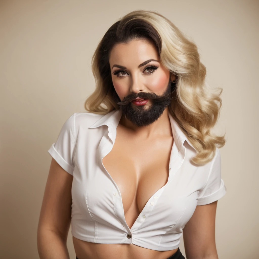 hairy bearded lady brune beard, blonde hair, hairy chest, style pin up