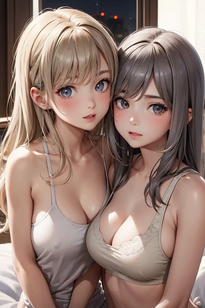 Masterpiece, Top Quality, (2 Girls:1.3), Gray Eyes, Romance Gray Hair, Messy Hair, BRAKE, Khaki Hair, Khaki Eyes, Messy Hair, giggle, Gray Underwear, Upper Body, Leaning Forward, (Cleavage:1.2), Cute, Upward Look, Sweet, Blush Upper body, close-up of upper body, (close-up of breasts:1.2), late at night, bedroom, on bed,Two girls kissing