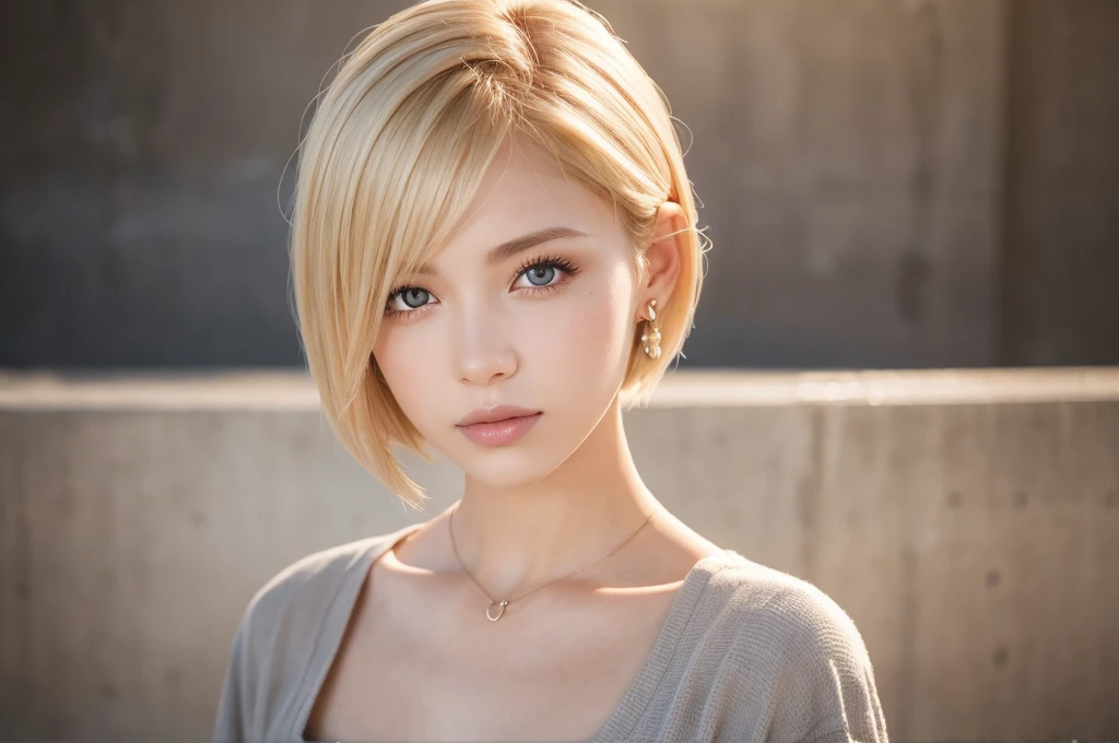 Close-up portrait, Sexy SS Blonde, parted lips, lips, Casual Dresses, View your viewers, Concrete wall background, Sunset Light, Realistic,short hair