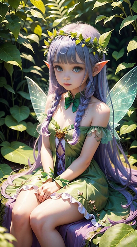 cute little fairy, transparent wings, transparent emerald green fairy wings, long hair with a blue and purple gradient, pointed ears, flower crown, dress made of leaves, lots of flowers, leaves, sitting on a big leaf, leaves, big flower, flower crown, sunlight, sitting, sparkling, light