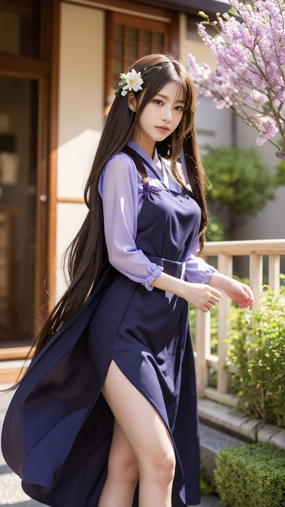Full body, very very long hair brown rapunzel, cosplay Anime girl in a purple and black dress with a purple sakura flower in her hair, artwork in the style of Gweitz, Gweitz, japanese Girl, Trending on cgstation, Cute anime  in a nice dress, Gweitz on pixiv artstation, palace ， Girl in Hanfu, Beautiful digital art, Gweitz on artstation pixiv, very very long brown hair rapunzel, dancing, walking, background japan city, excited