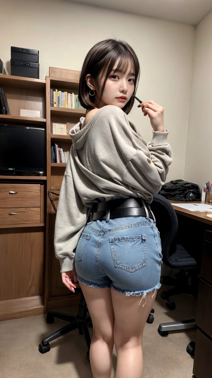 masterpiece, best quality, illustration, Super detailed, fine details, High resolution, 8K,wall paper, perfect dynamic composition, full body photo, back view, Put your hands on the chair and stick your butt out., (Details High quality, realistic depiction of eyes:1.3), 20 year old girl, Gravure Idol, cute type, large breasts, short bob hair, black hair color, Korean style makeup, Big Natural Color Lip, thick thighs, perfect body shape, plump figure,large hips, champion gray sweatshirt, denim short pants, Leather belt, necklace, earrings, messy room