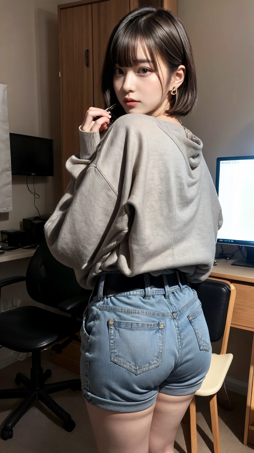 masterpiece, best quality, illustration, Super detailed, fine details, High resolution, 8K,wall paper, perfect dynamic composition, full body photo, back view, Put your hands on the chair and stick your butt out., (Details High quality, realistic depiction of eyes:1.3), 20 year old girl, Gravure Idol, cute type, large breasts, short bob hair, black hair color, Korean style makeup, Big Natural Color Lip, thick thighs, perfect body shape, plump figure,large hips, champion gray sweatshirt, denim short pants, Leather belt, necklace, earrings, messy room